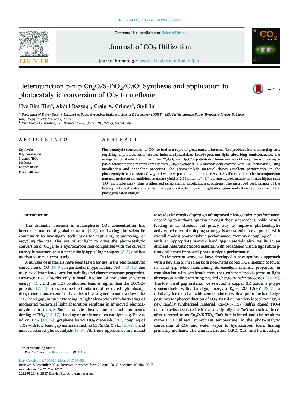 Heterojunction p-n-p Cu2O/S-TiO2/CuO: Synthesis and application to photocatalytic conversion of CO2 to methane