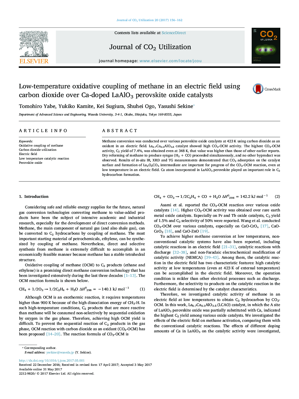 Low-temperature oxidative coupling of methane in an electric field using carbon dioxide over Ca-doped LaAlO3 perovskite oxide catalysts