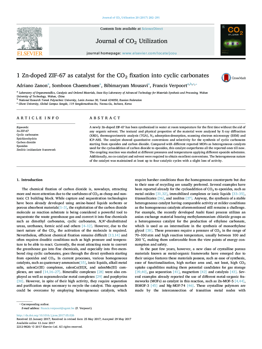 1 Zn-doped ZIF-67 as catalyst for the CO2 fixation into cyclic carbonates