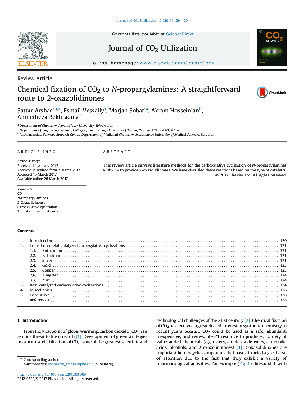 Chemical fixation of CO2 to N-propargylamines: A straightforward route to 2-oxazolidinones