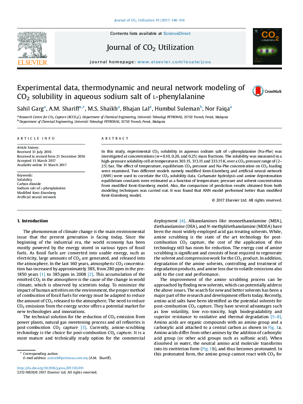 Experimental data, thermodynamic and neural network modeling of CO2 solubility in aqueous sodium salt of l-phenylalanine