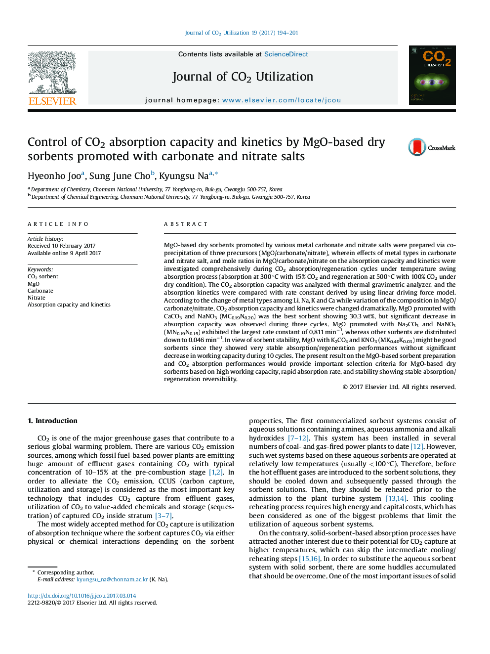 Control of CO2 absorption capacity and kinetics by MgO-based dry sorbents promoted with carbonate and nitrate salts