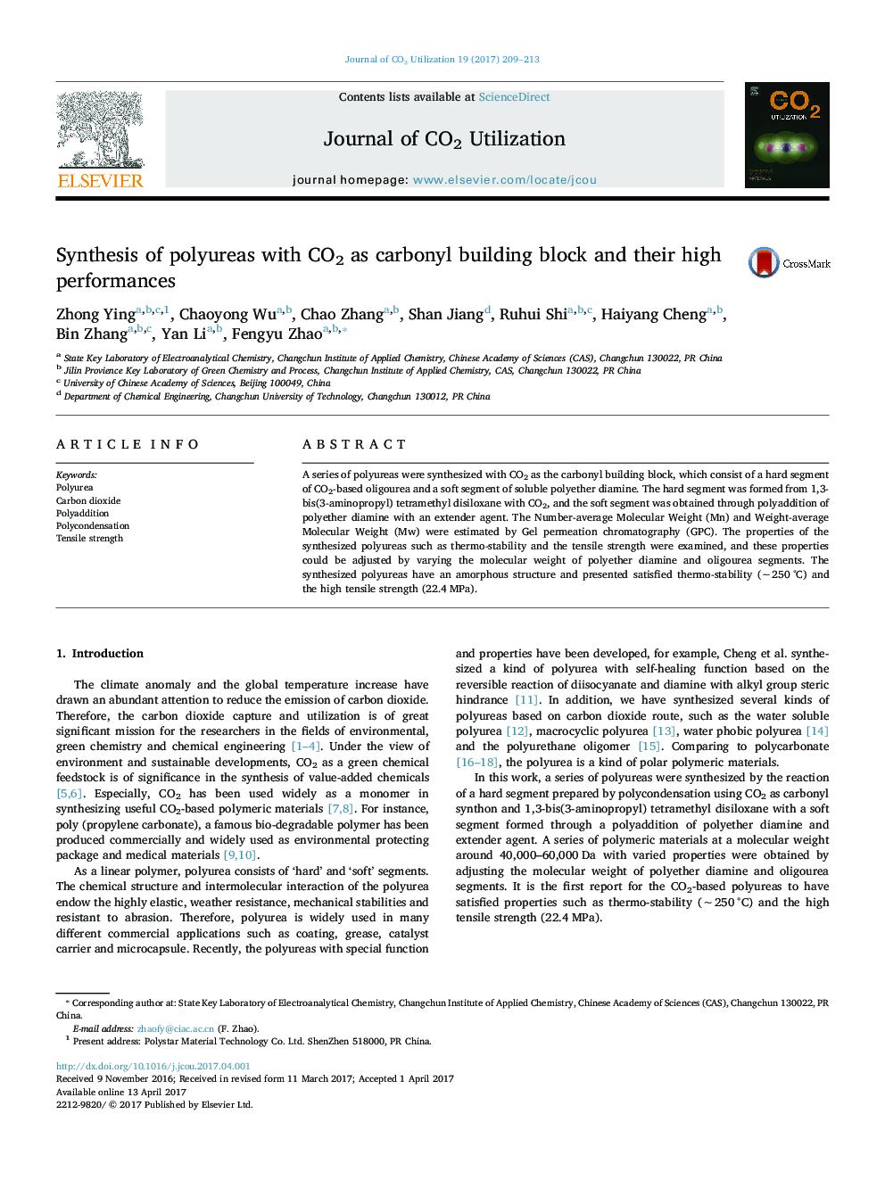 Synthesis of polyureas with CO2 as carbonyl building block and their high performances