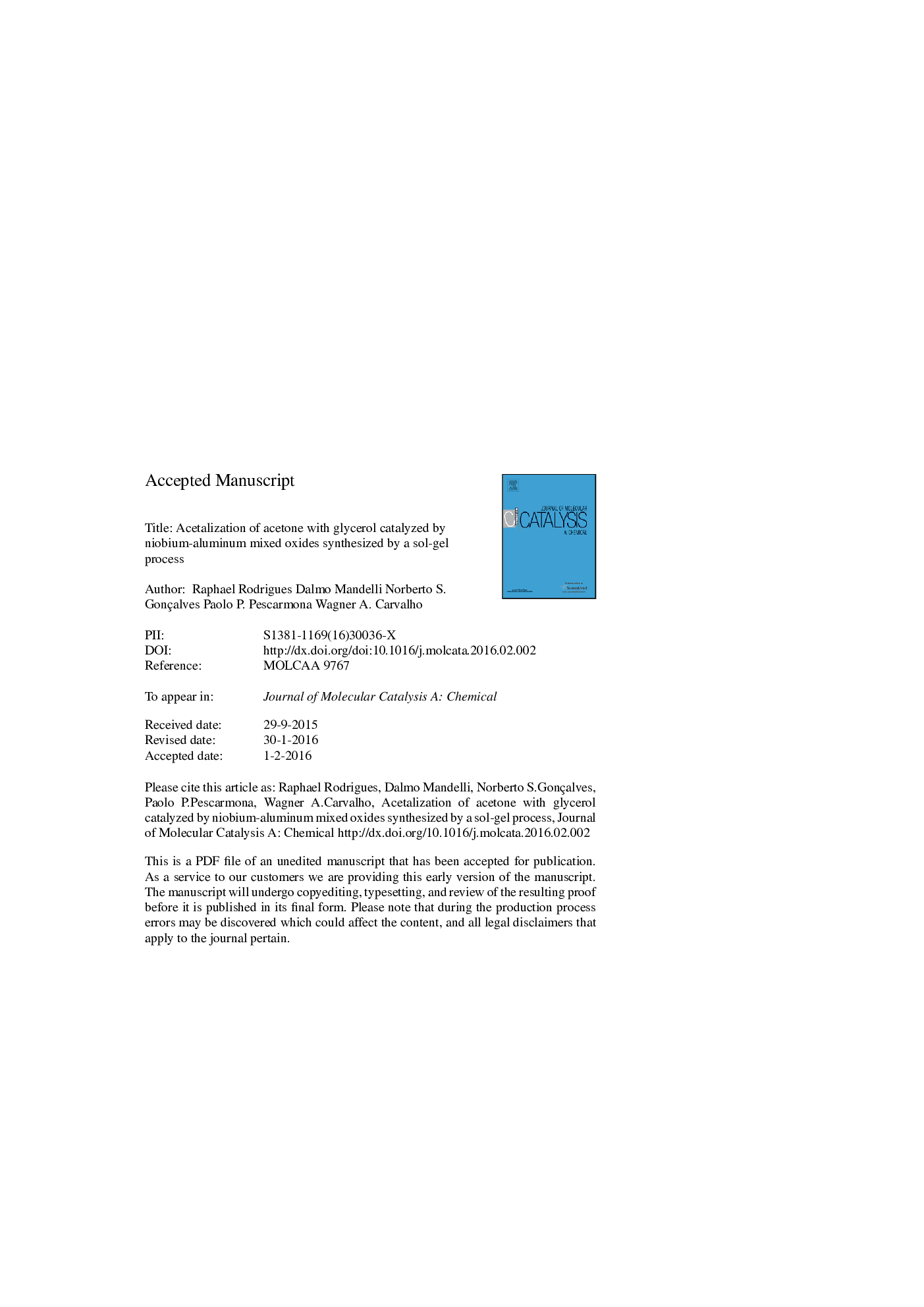 Acetalization of acetone with glycerol catalyzed by niobium-aluminum mixed oxides synthesized by a sol-gel process