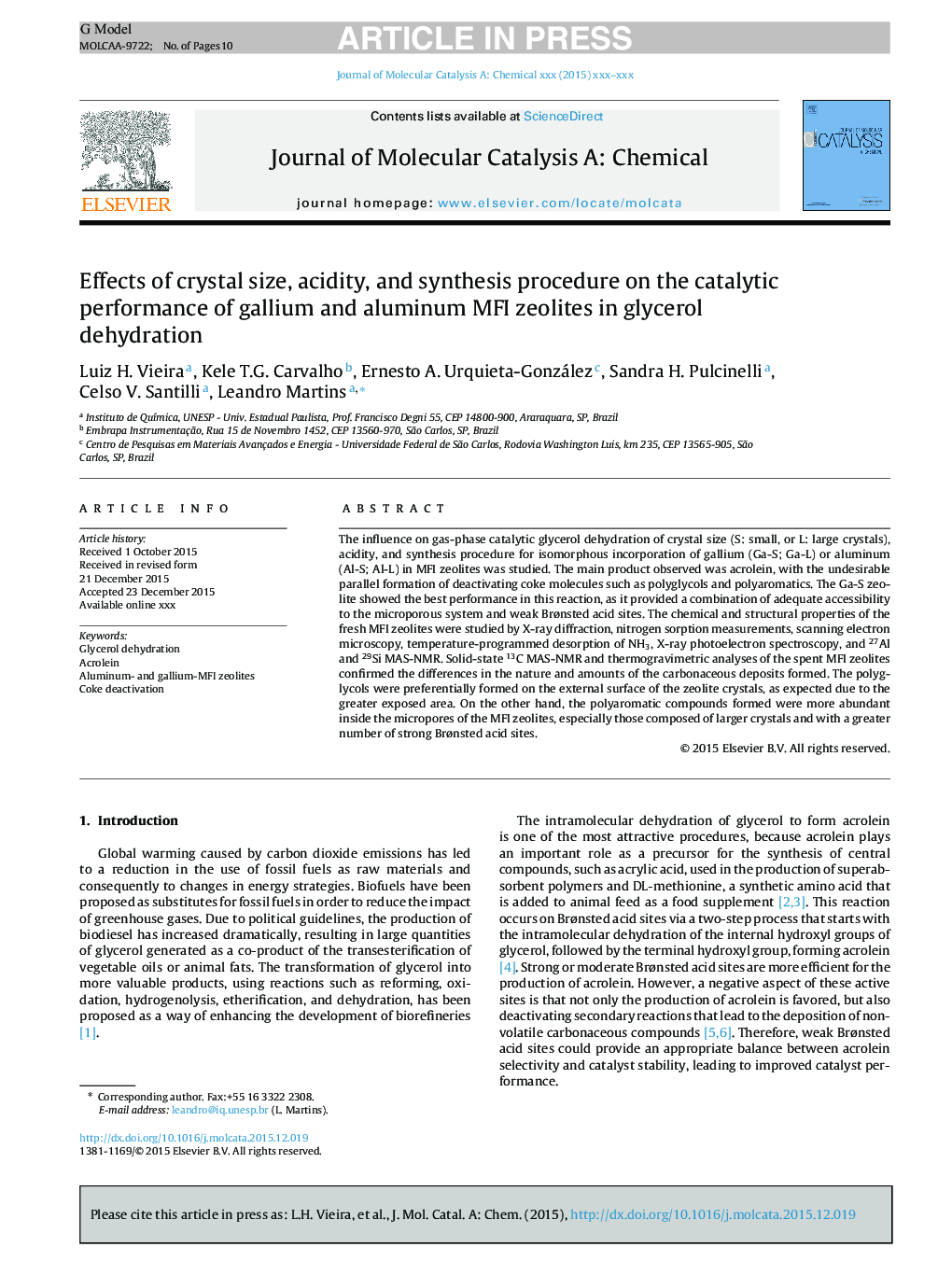 Effects of crystal size, acidity, and synthesis procedure on the catalytic performance of gallium and aluminum MFI zeolites in glycerol dehydration