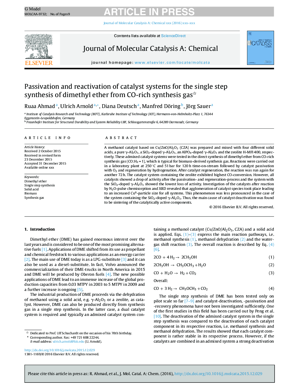 عکس صفحه اول مقاله: Passivation and reactivation of catalyst systems for the single step synthesis of dimethyl ether from CO-rich synthesis gas Passivation and reactivation of catalyst systems for the single step synthesis of dimethyl ether from CO-rich synthesis gas