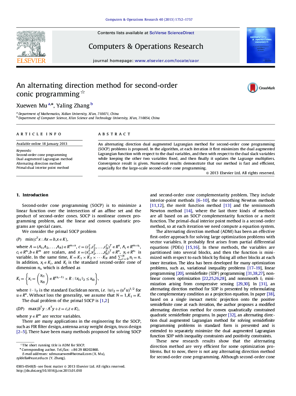 An alternating direction method for second-order conic programming 