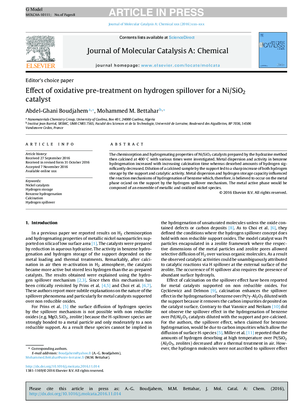 Effect of oxidative pre-treatment on hydrogen spillover for a Ni/SiO2 catalyst