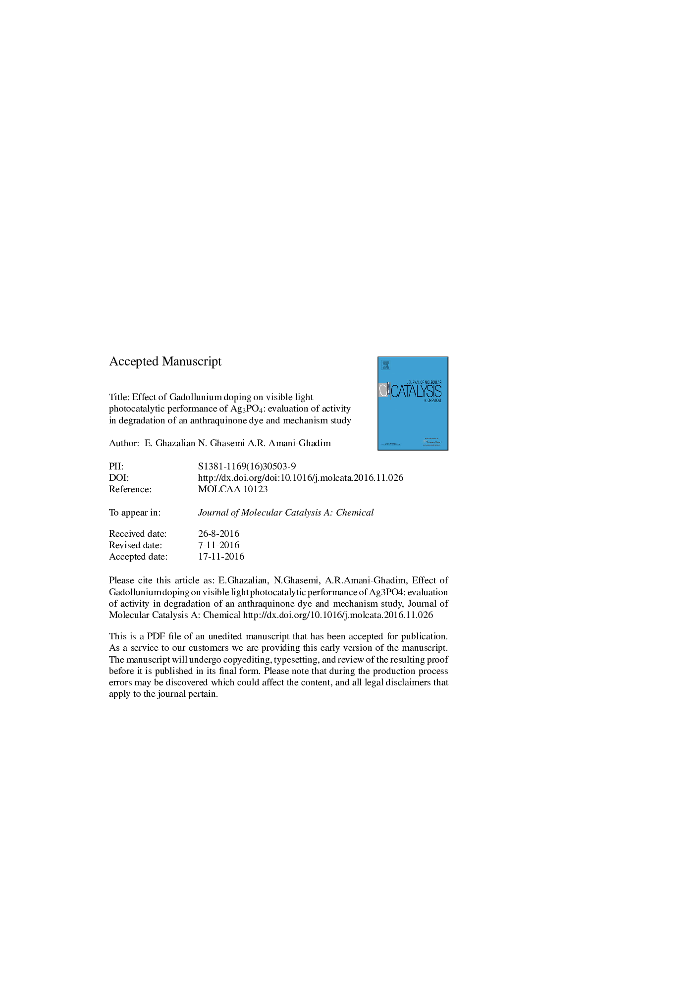 Effect of gadollunium doping on visible light photocatalytic performance of Ag3PO4: Evaluation of activity in degradation of an anthraquinone dye and mechanism study