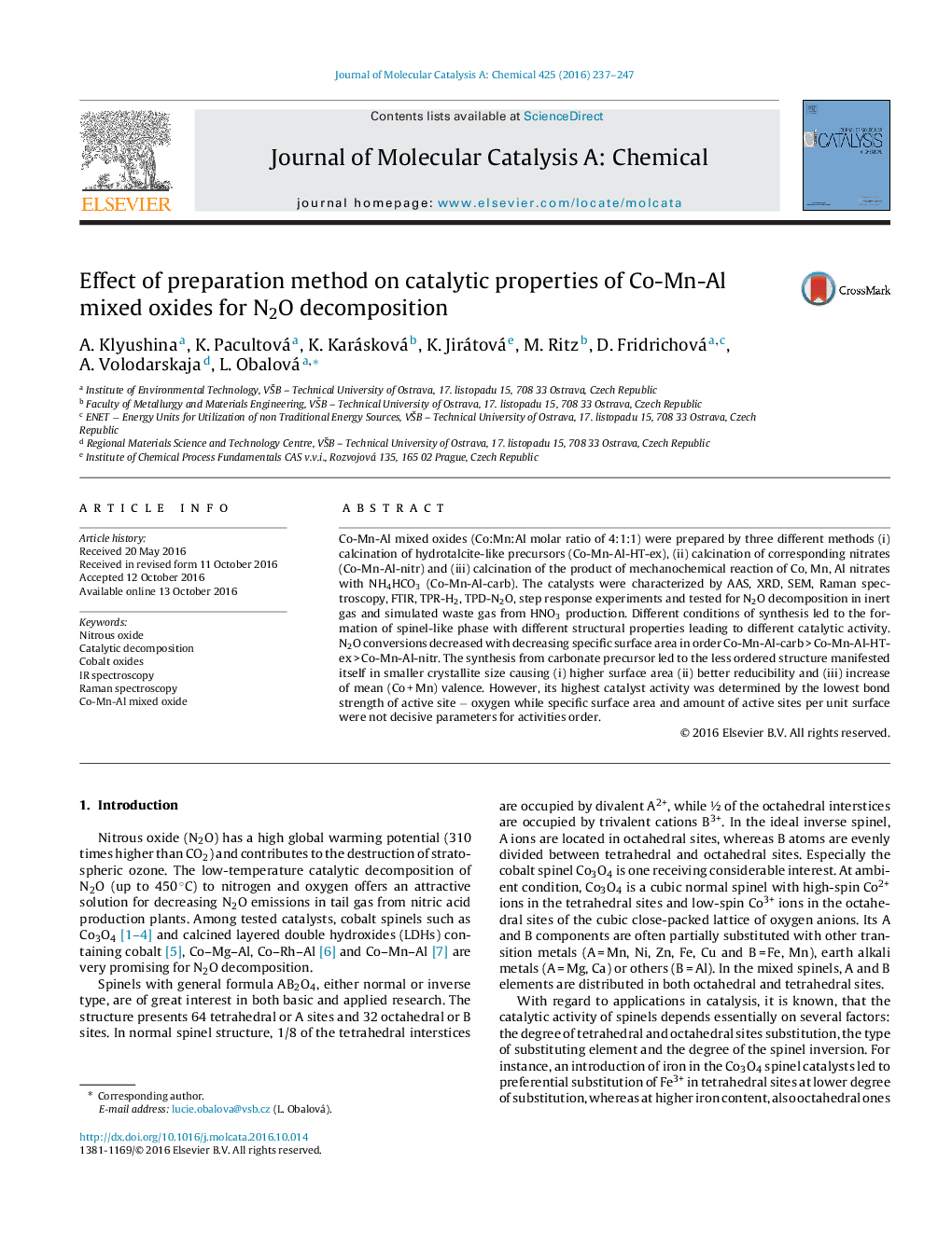 Effect of preparation method on catalytic properties of Co-Mn-Al mixed oxides for N2O decomposition