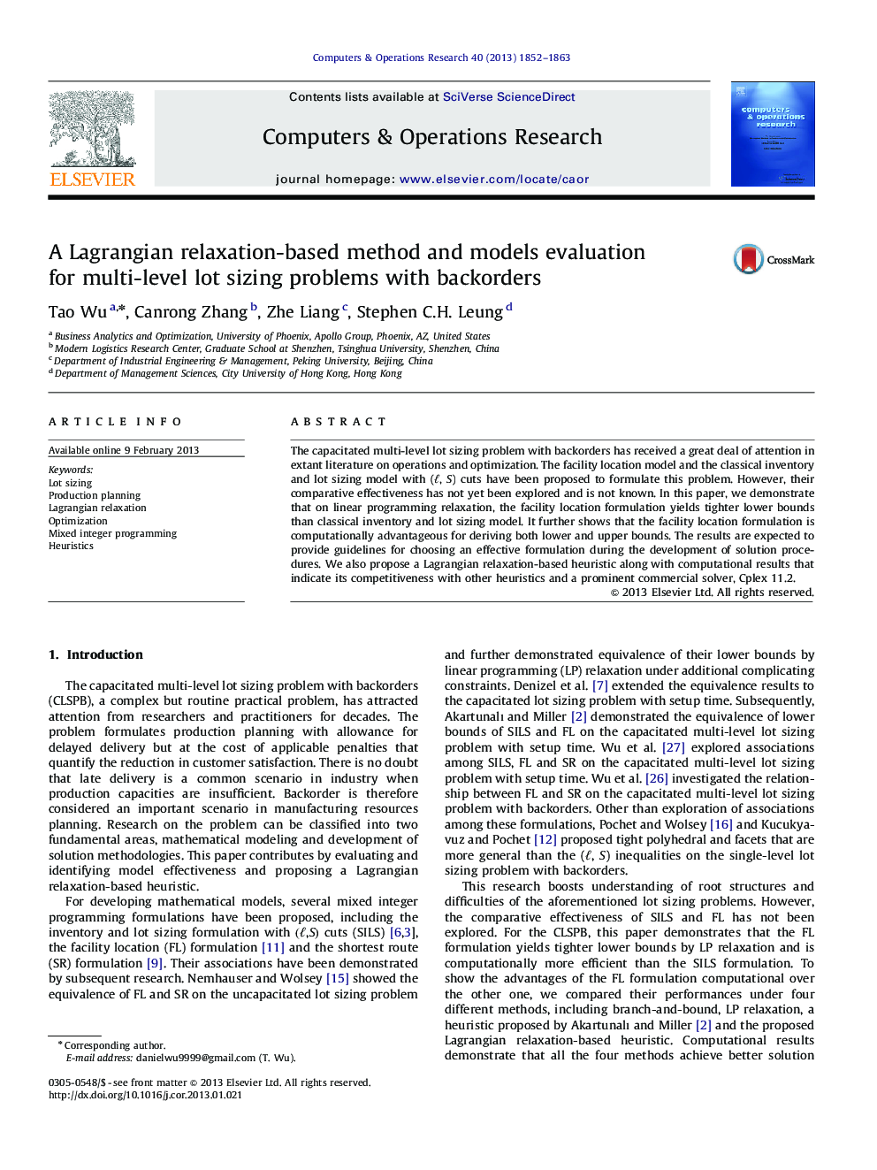عکس صفحه اول مقاله: A Lagrangian relaxation-based method and models evaluation for multi-level lot sizing problems with backorders A Lagrangian relaxation-based method and models evaluation for multi-level lot sizing problems with backorders