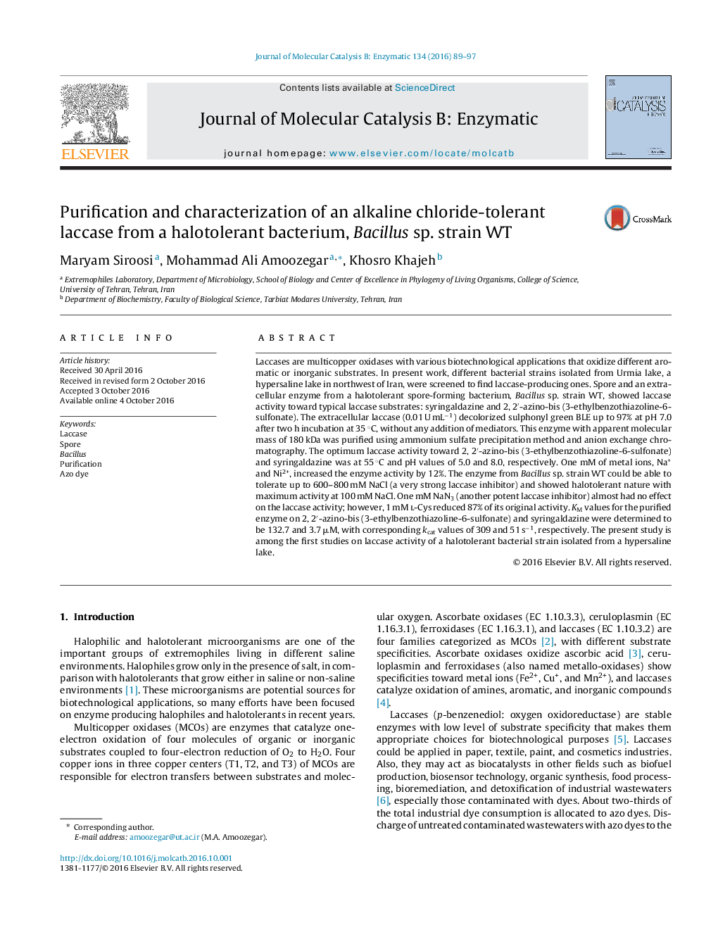 Purification and characterization of an alkaline chloride-tolerant laccase from a halotolerant bacterium, Bacillus sp. strain WT