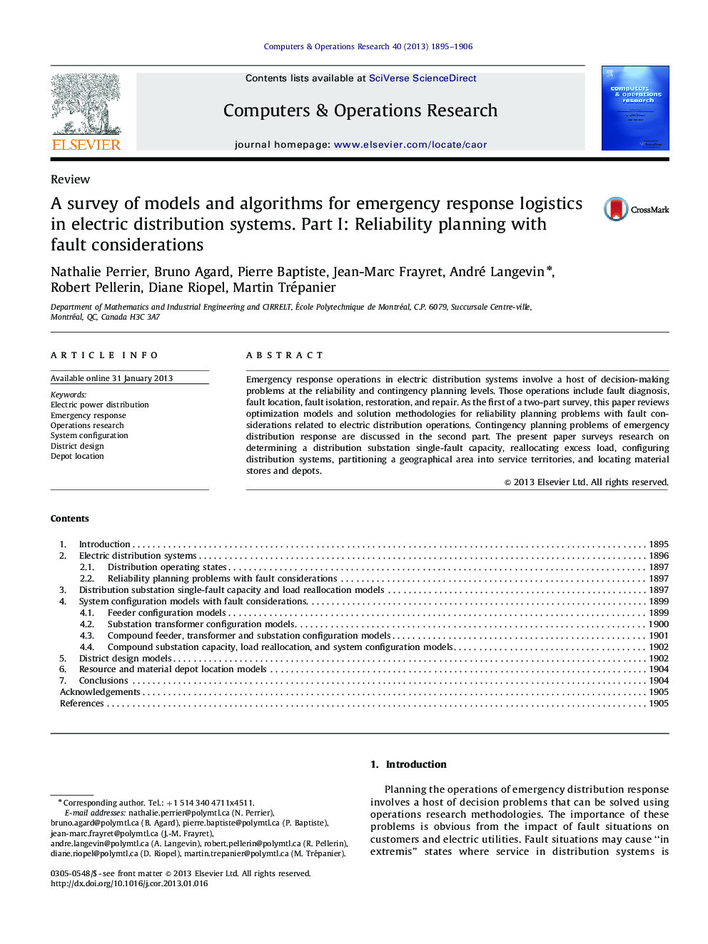 A survey of models and algorithms for emergency response logistics in electric distribution systems. Part I: Reliability planning with fault considerations