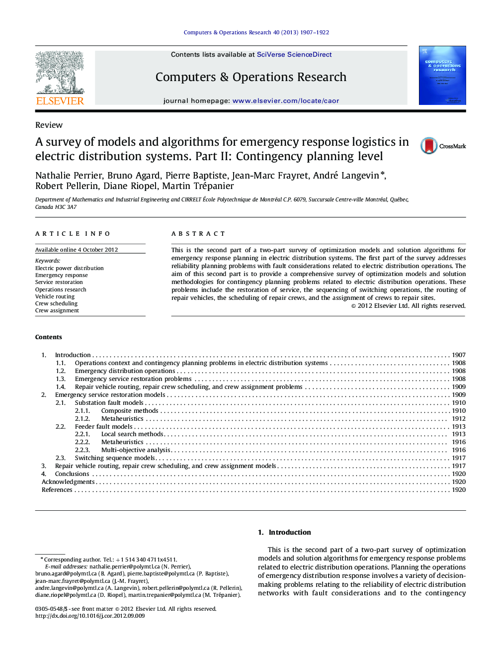 A survey of models and algorithms for emergency response logistics in electric distribution systems. Part II: Contingency planning level