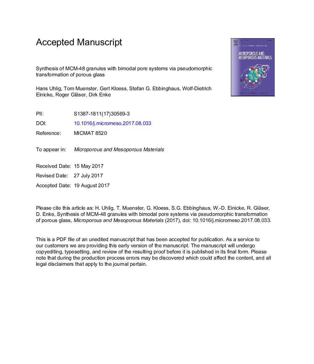 Synthesis of MCM-48 granules with bimodal pore systems via pseudomorphic transformation of porous glass