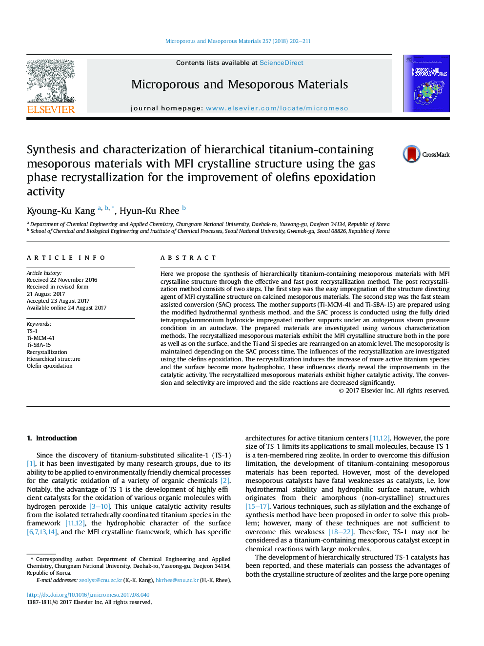 Synthesis and characterization of hierarchical titanium-containing mesoporous materials with MFI crystalline structure using the gas phase recrystallization for the improvement of olefins epoxidation activity