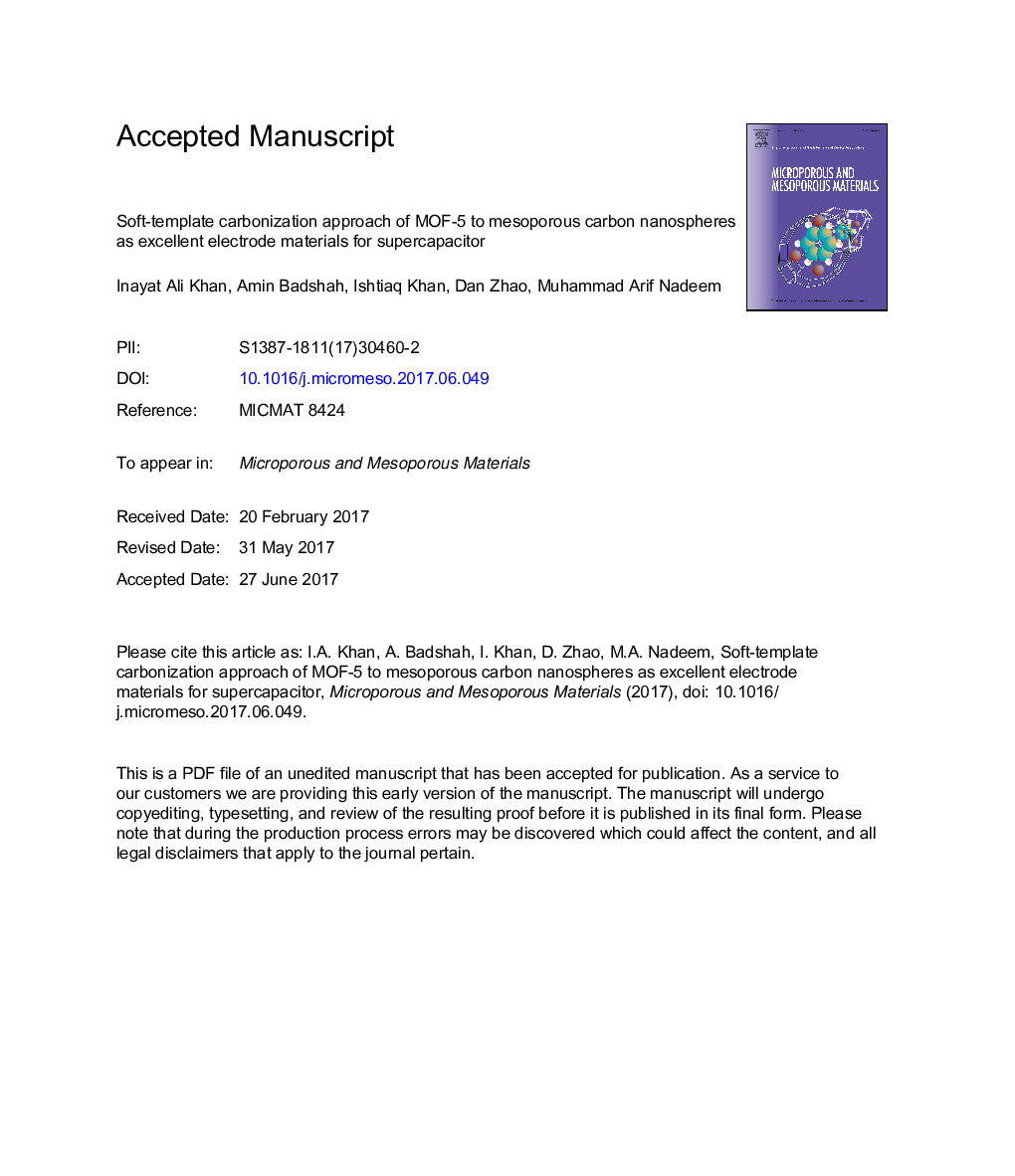 عکس صفحه اول مقاله: Soft-template carbonization approach of MOF-5 to mesoporous carbon nanospheres as excellent electrode materials for supercapacitor Soft-template carbonization approach of MOF-5 to mesoporous carbon nanospheres as excellent electrode materials for supercapacitor