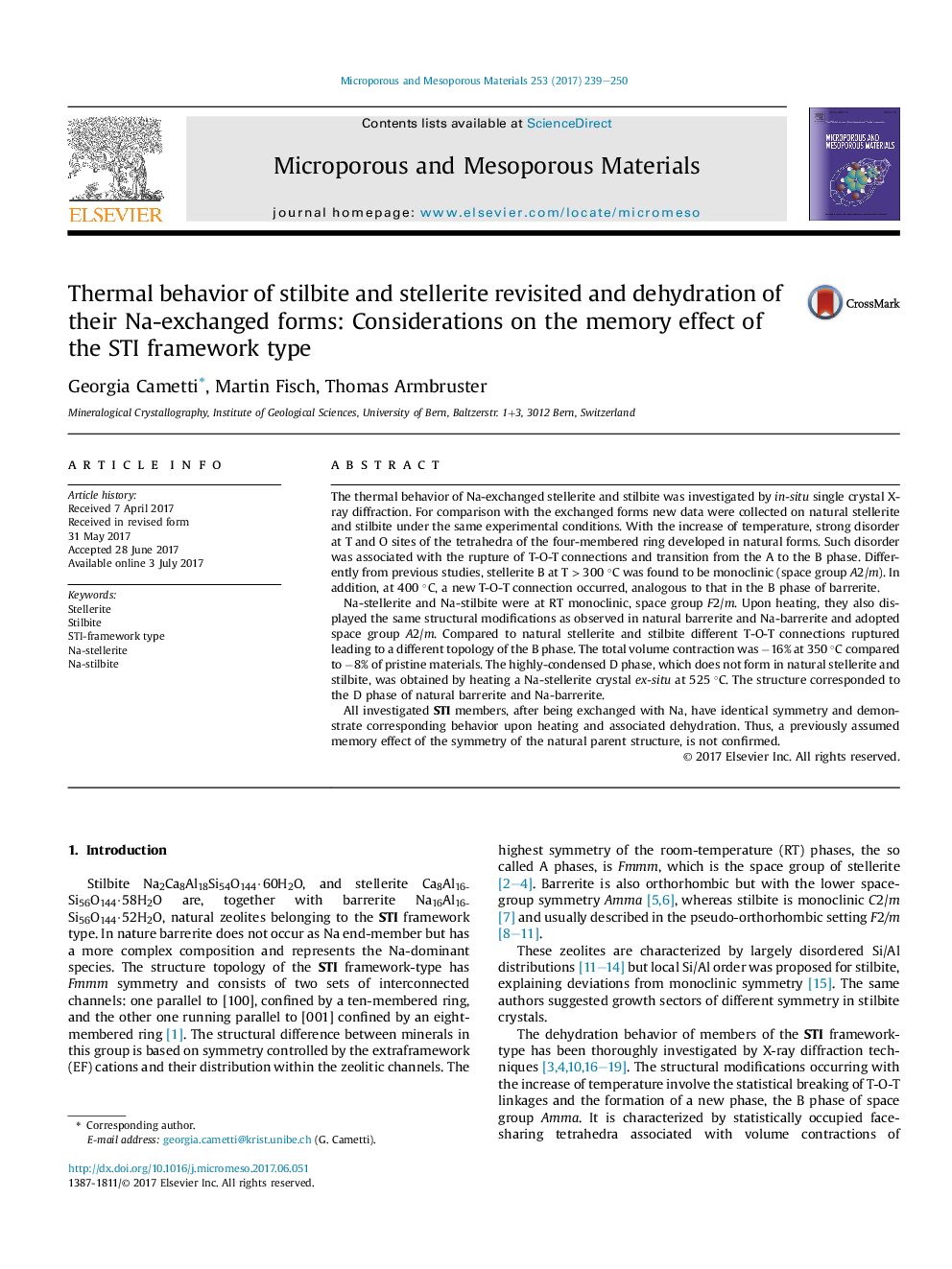 عکس صفحه اول مقاله: Thermal behavior of stilbite and stellerite revisited and dehydration of their Na-exchanged forms: Considerations on the memory effect of the STI framework type Thermal behavior of stilbite and stellerite revisited and dehydration of their Na-exchanged forms: Considerations on the memory effect of the STI framework type