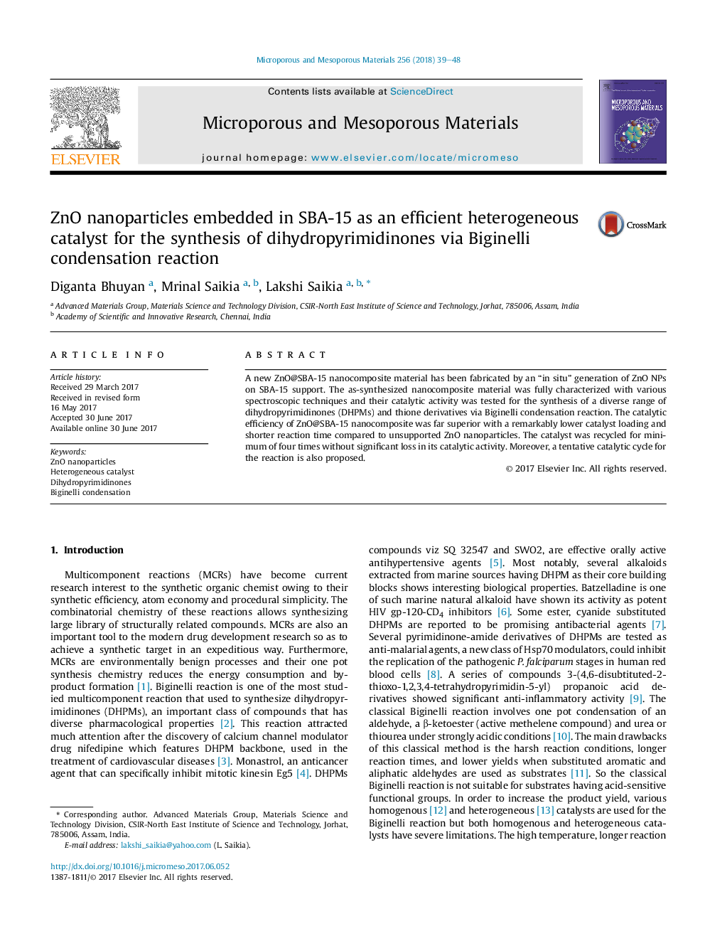 ZnO nanoparticles embedded in SBA-15 as an efficient heterogeneous catalyst for the synthesis of dihydropyrimidinones via Biginelli condensation reaction