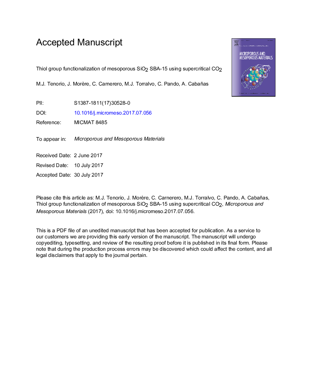 عکس صفحه اول مقاله: Thiol group functionalization of mesoporous SiO2 SBA-15 using supercritical CO2 Thiol group functionalization of mesoporous SiO2 SBA-15 using supercritical CO2