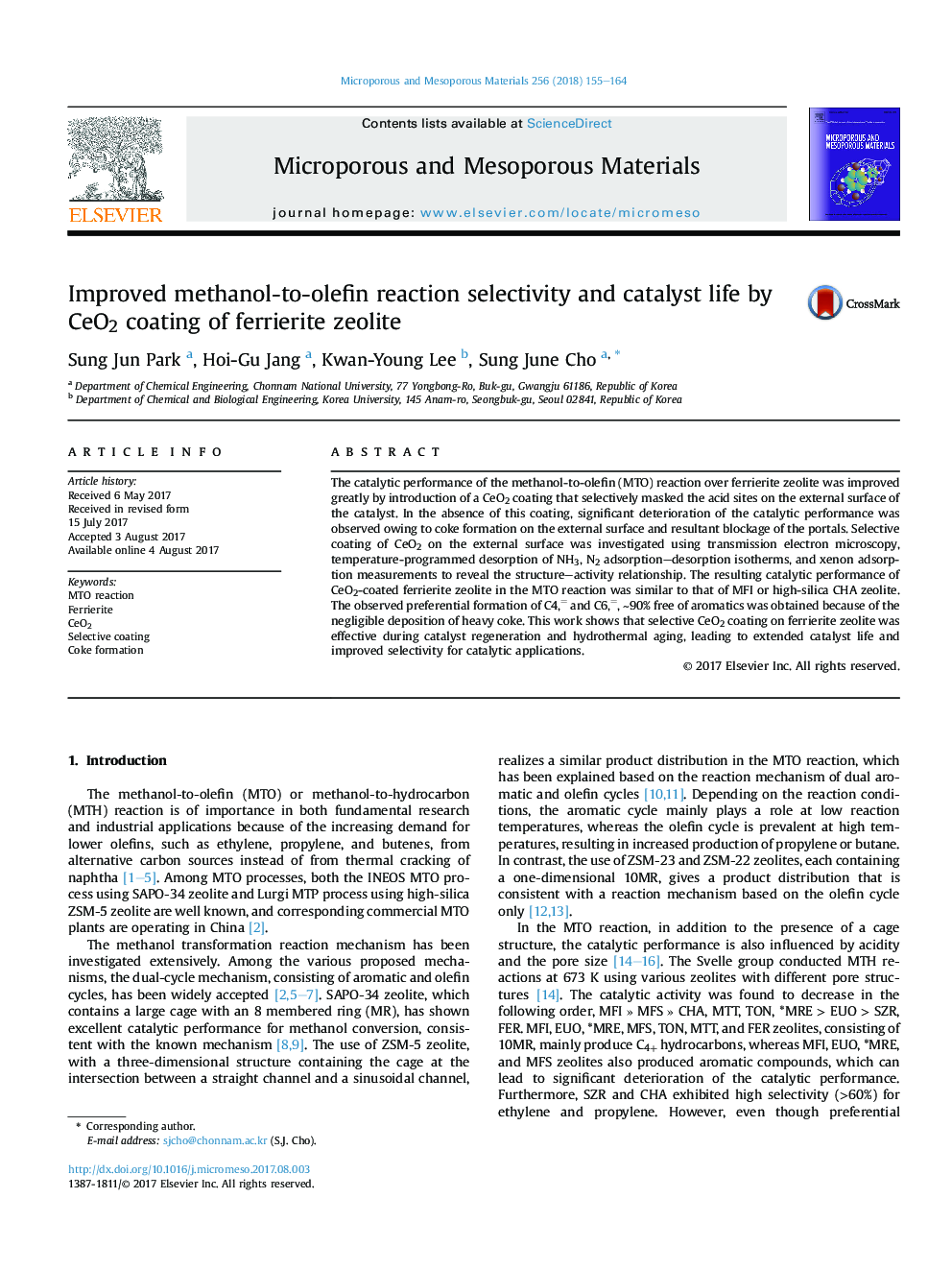 Improved methanol-to-olefin reaction selectivity and catalyst life by CeO2 coating of ferrierite zeolite