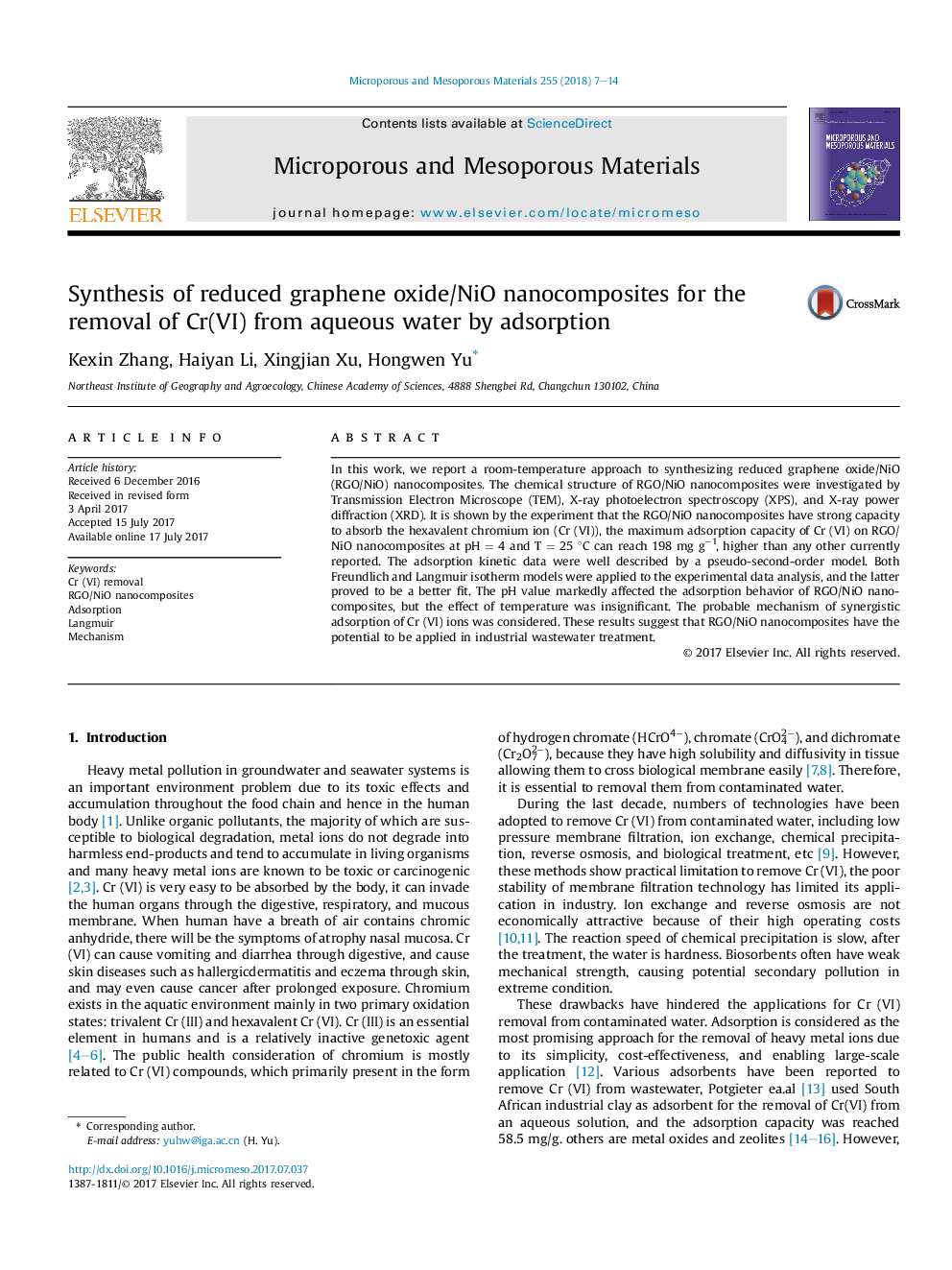 عکس صفحه اول مقاله: Synthesis of reduced graphene oxide/NiO nanocomposites for the removal of Cr(VI) from aqueous water by adsorption Synthesis of reduced graphene oxide/NiO nanocomposites for the removal of Cr(VI) from aqueous water by adsorption