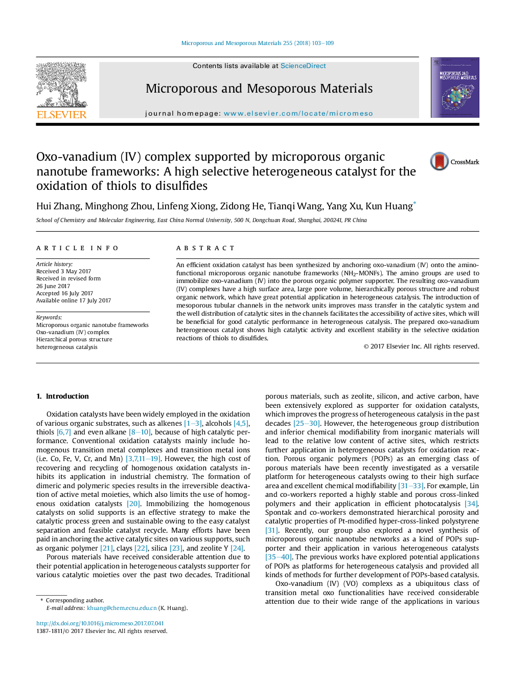 Oxo-vanadium (IV) complex supported by microporous organic nanotube frameworks: A high selective heterogeneous catalyst for the oxidation of thiols to disulfides