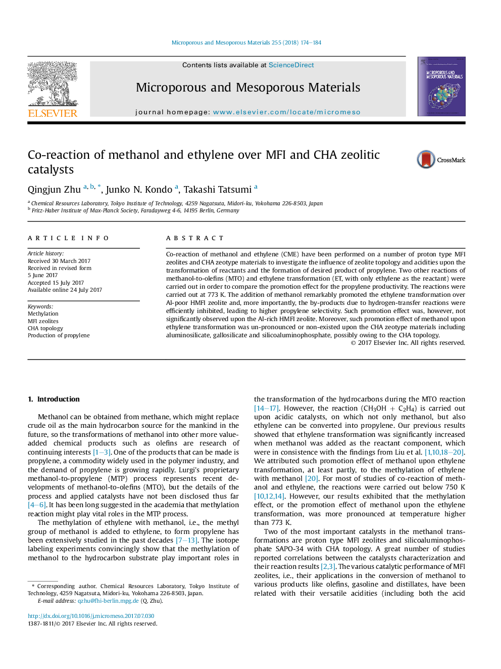 Co-reaction of methanol and ethylene over MFI and CHA zeolitic catalysts