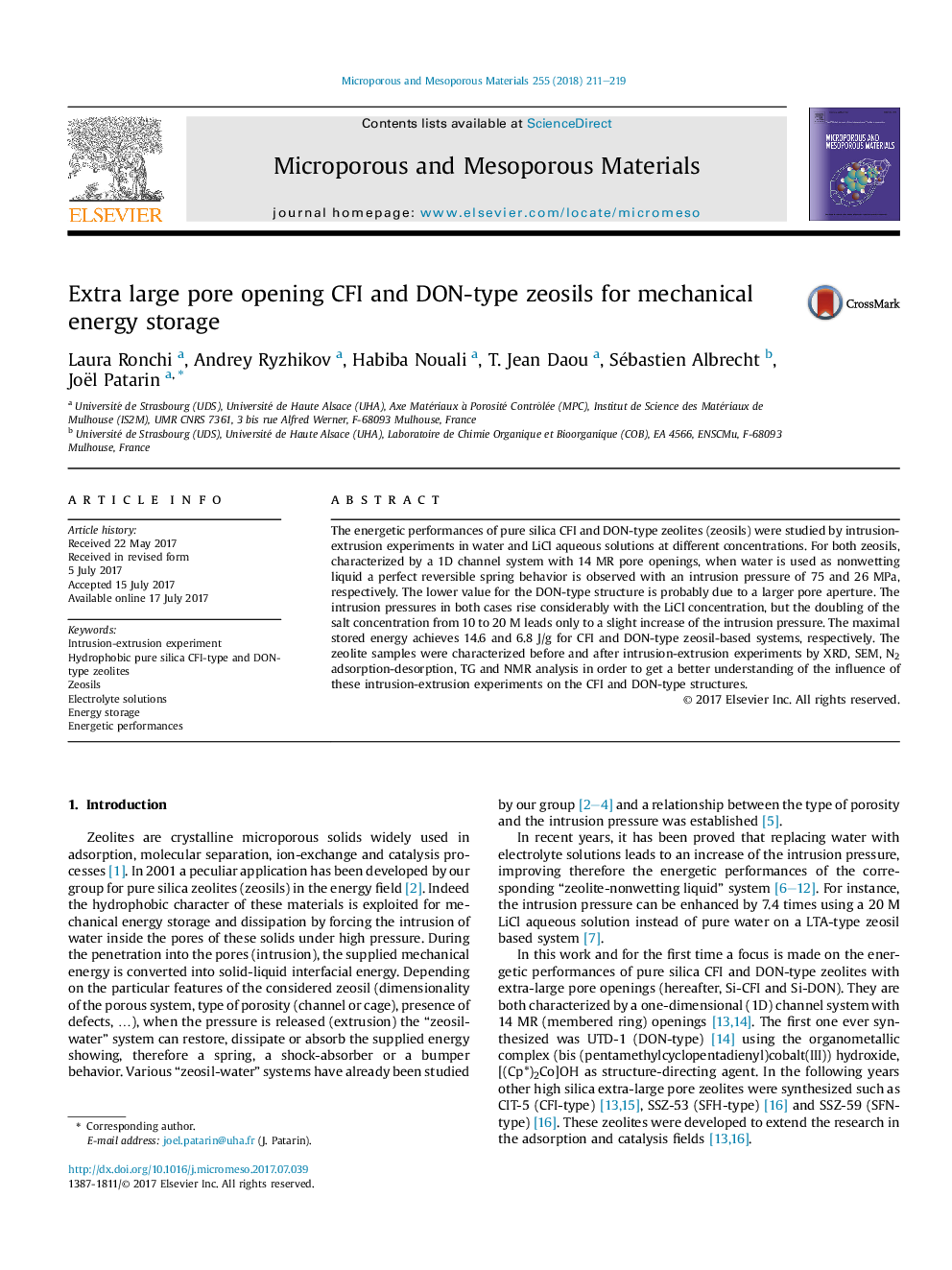 Extra large pore opening CFI and DON-type zeosils for mechanical energy storage