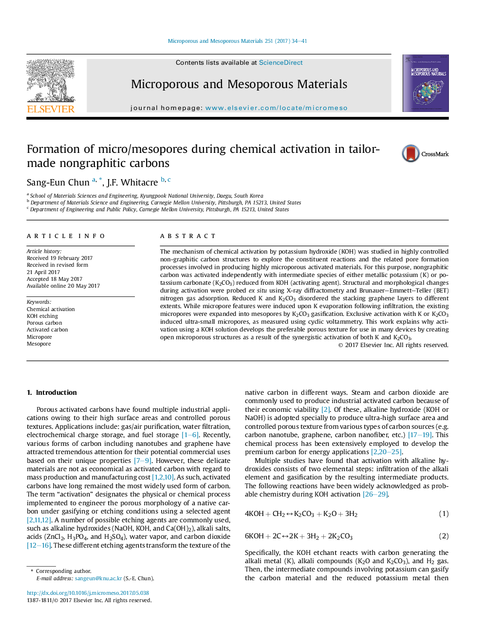 Formation of micro/mesopores during chemical activation in tailor-made nongraphitic carbons