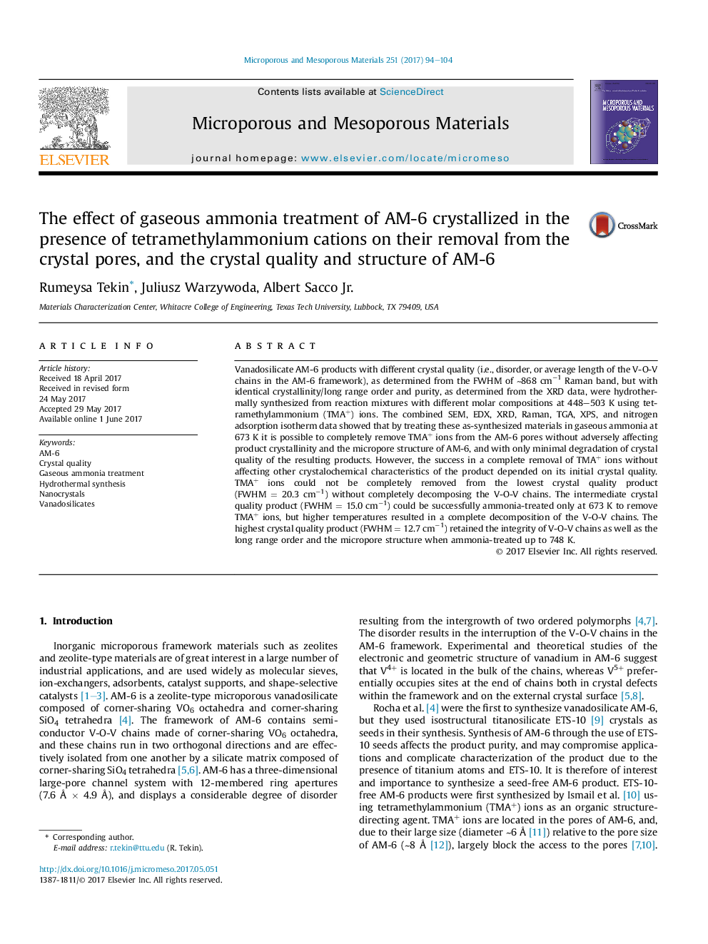 The effect of gaseous ammonia treatment of AM-6 crystallized in the presence of tetramethylammonium cations on their removal from the crystal pores, and the crystal quality and structure of AM-6