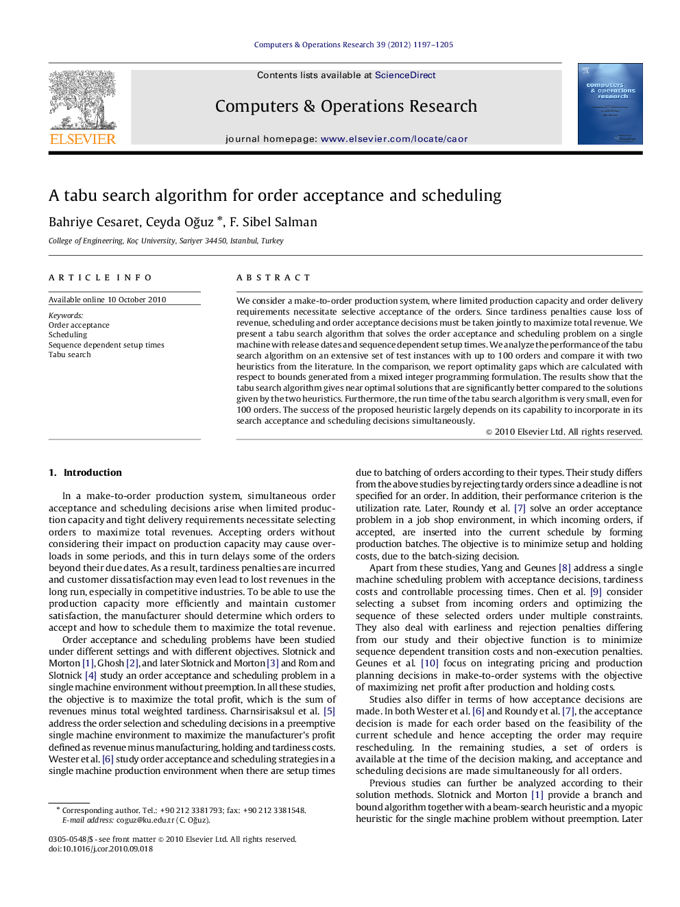 A tabu search algorithm for order acceptance and scheduling