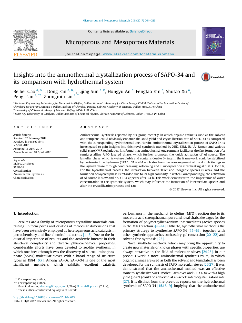 Insights into the aminothermal crystallization process of SAPO-34 and its comparison with hydrothermal system