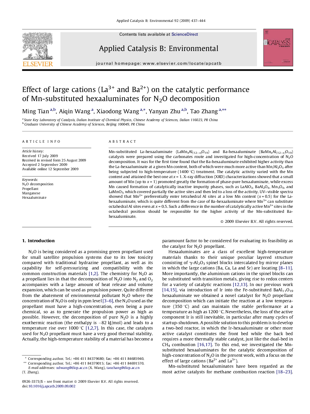 Effect of large cations (La3+ and Ba2+) on the catalytic performance of Mn-substituted hexaaluminates for N2O decomposition