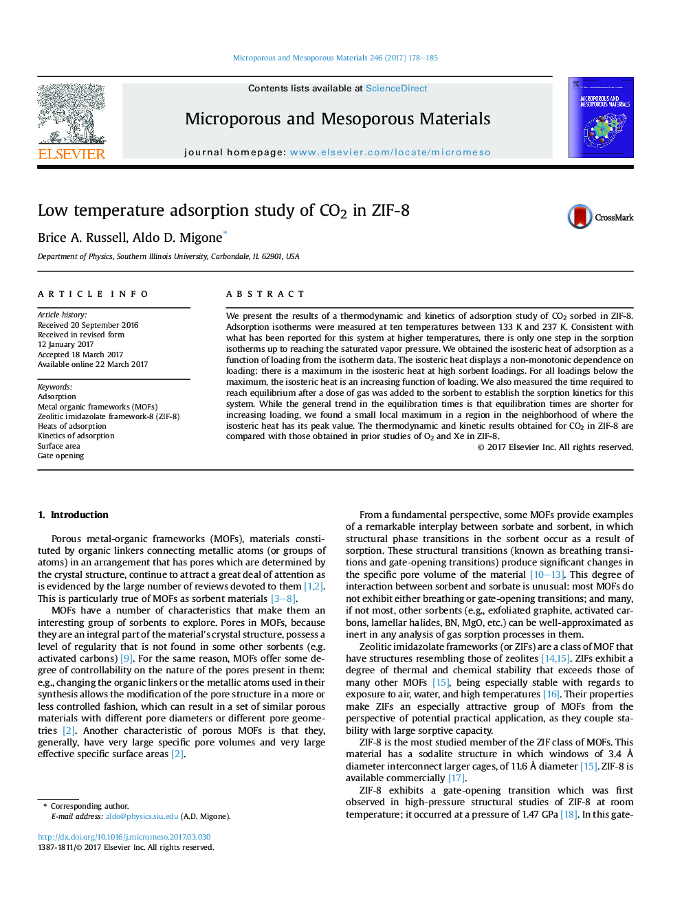 Low temperature adsorption study of CO2 in ZIF-8