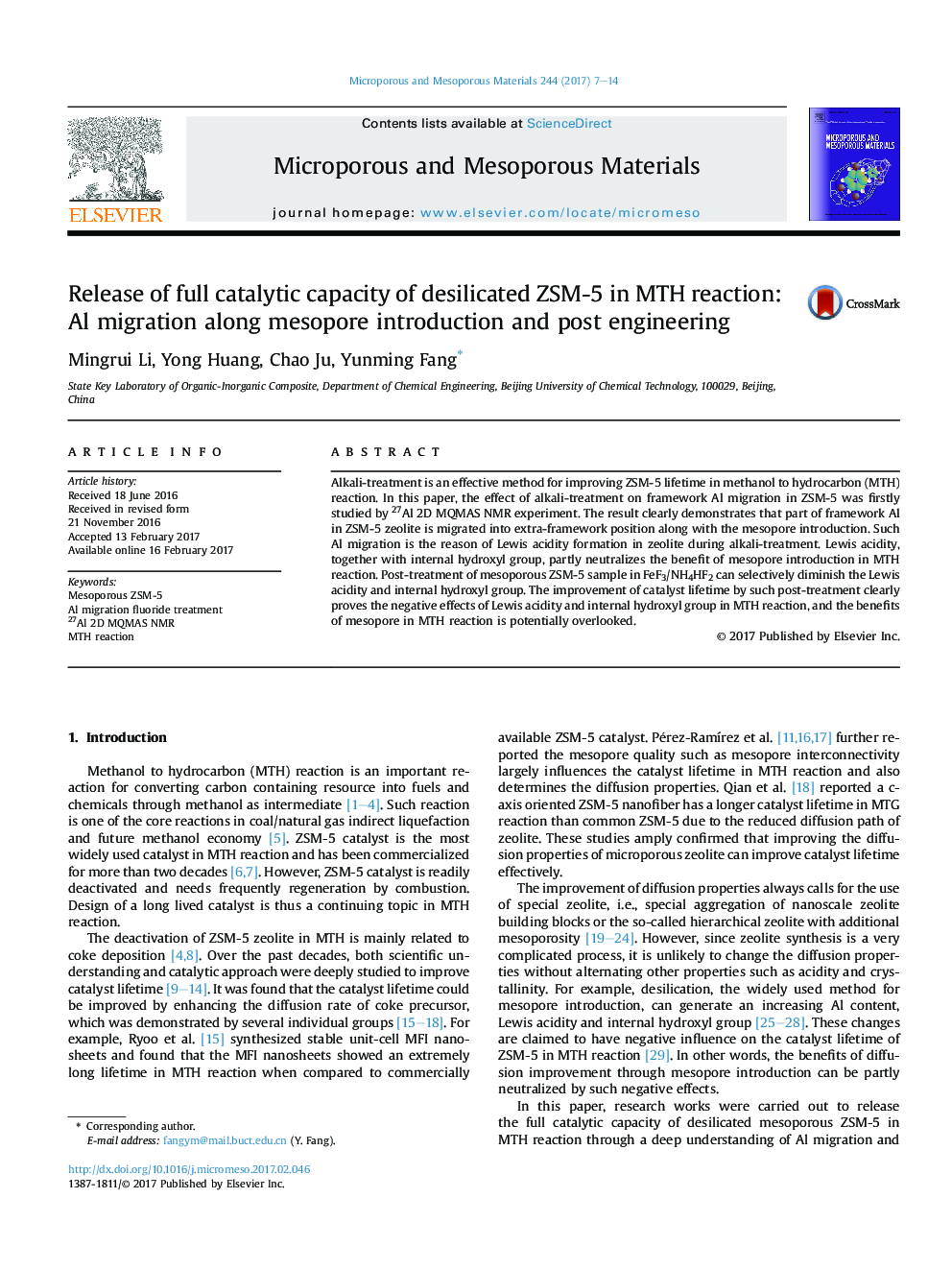 عکس صفحه اول مقاله: Release of full catalytic capacity of desilicated ZSM-5 in MTH reaction: Al migration along mesopore introduction and post engineering Release of full catalytic capacity of desilicated ZSM-5 in MTH reaction: Al migration along mesopore introduction and post engineering