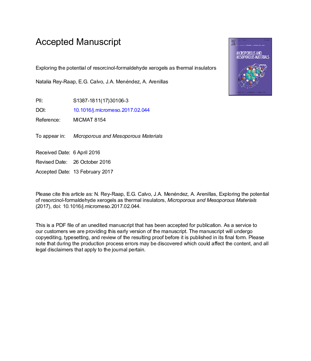 عکس صفحه اول مقاله: Exploring the potential of resorcinol-formaldehyde xerogels as thermal insulators Exploring the potential of resorcinol-formaldehyde xerogels as thermal insulators