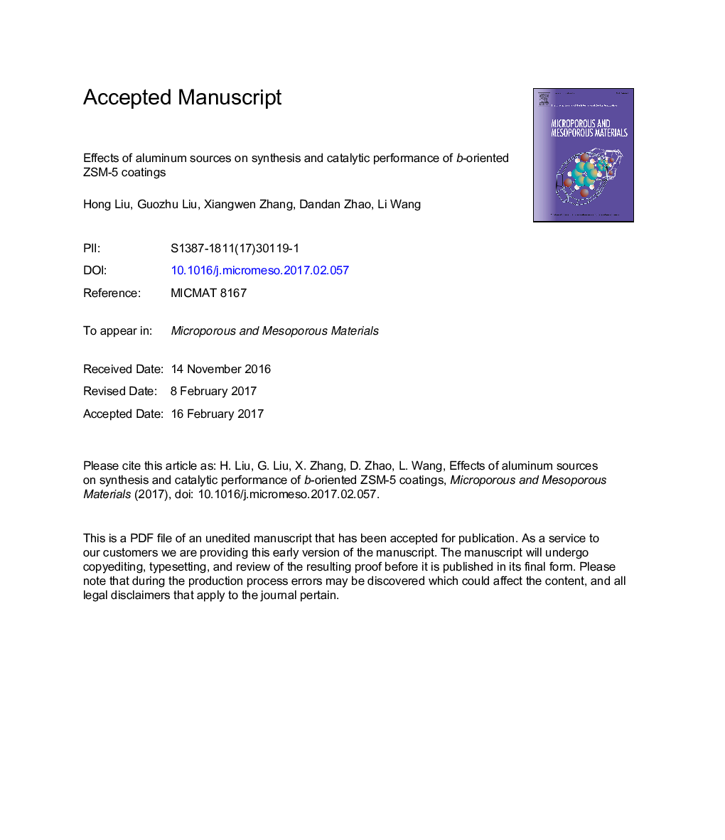 عکس صفحه اول مقاله: Effects of aluminum sources on synthesis and catalytic performance of b-oriented ZSM-5 coatings Effects of aluminum sources on synthesis and catalytic performance of b-oriented ZSM-5 coatings