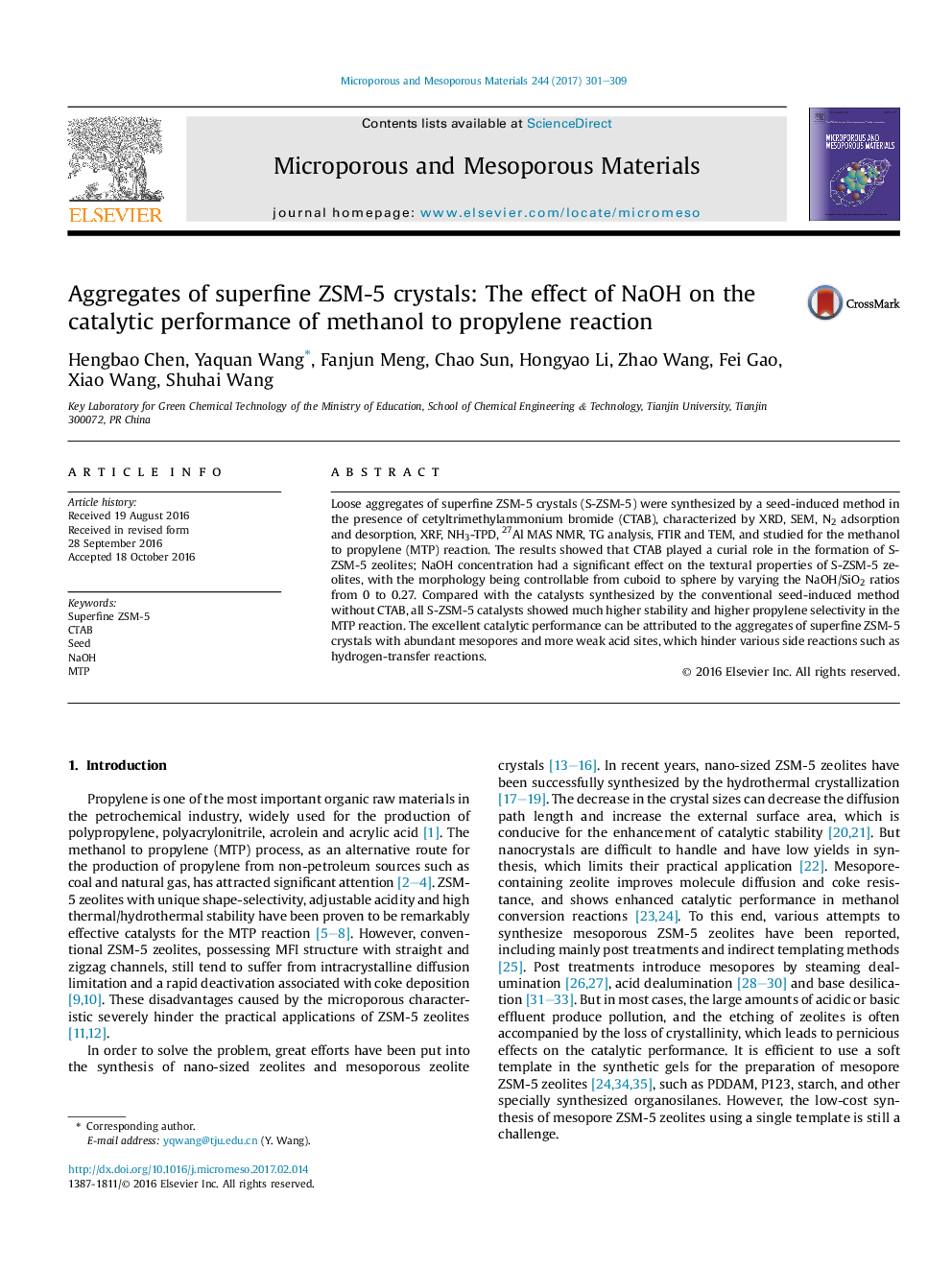 Aggregates of superfine ZSM-5 crystals: The effect of NaOH on the catalytic performance of methanol to propylene reaction