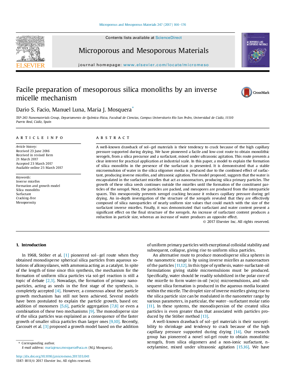 Facile preparation of mesoporous silica monoliths by an inverse micelle mechanism