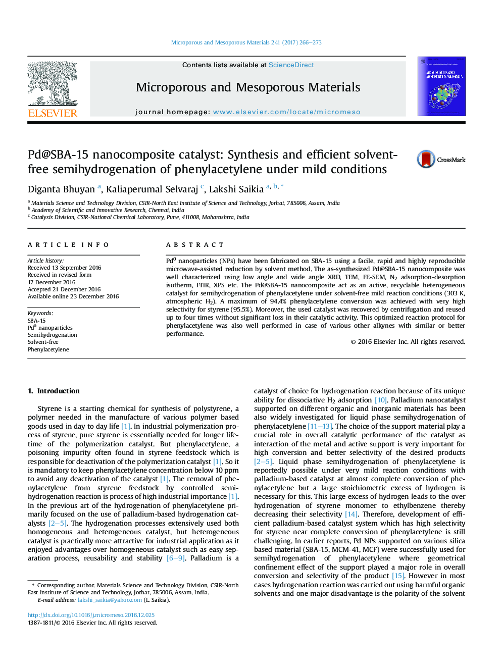 عکس صفحه اول مقاله: Pd@SBA-15 nanocomposite catalyst: Synthesis and efficient solvent-free semihydrogenation of phenylacetylene under mild conditions Pd@SBA-15 nanocomposite catalyst: Synthesis and efficient solvent-free semihydrogenation of phenylacetylene under mild conditions
