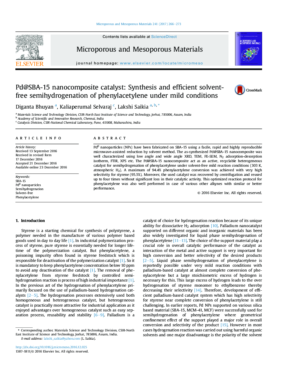 Pd@SBA-15 nanocomposite catalyst: Synthesis and efficient solvent-free semihydrogenation of phenylacetylene under mild conditions