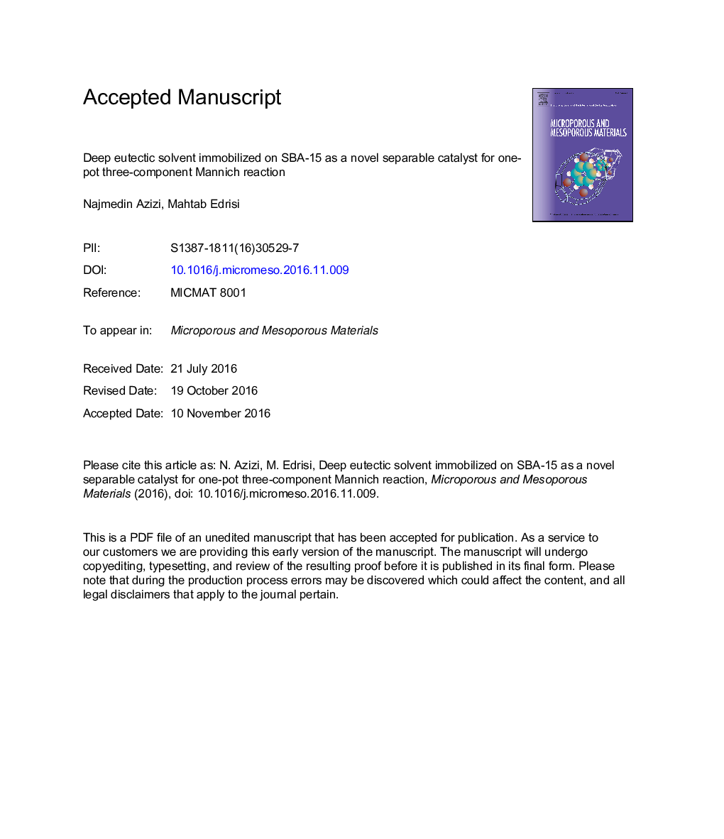 Deep eutectic solvent immobilized on SBA-15 as a novel separable catalyst for one-pot three-component Mannich reaction