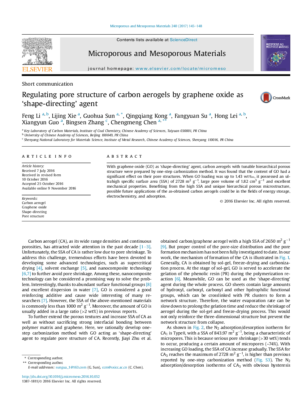 Regulating pore structure of carbon aerogels by graphene oxide as 'shape-directing' agent