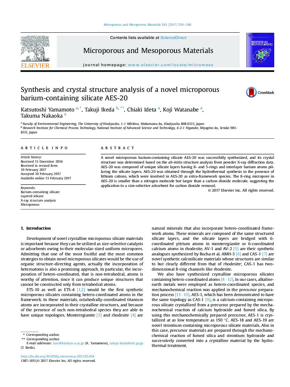 Synthesis and crystal structure analysis of a novel microporous barium-containing silicate AES-20