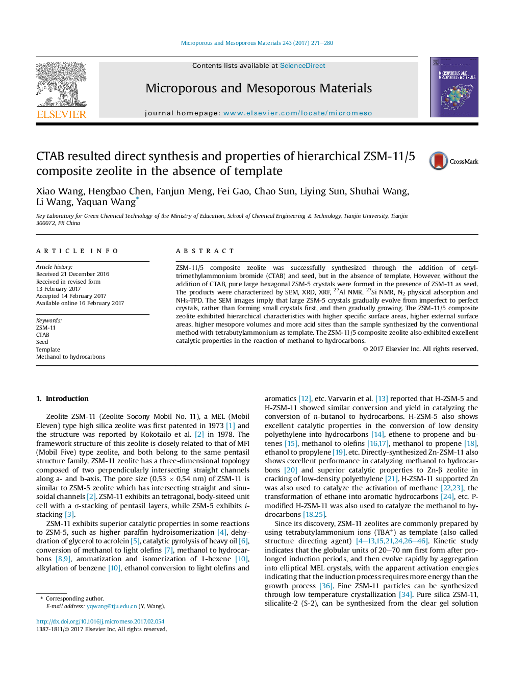 CTAB resulted direct synthesis and properties of hierarchical ZSM-11/5 composite zeolite in the absence of template