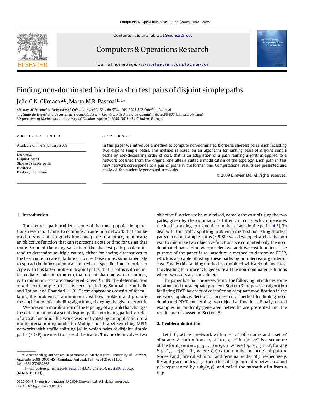 Finding non-dominated bicriteria shortest pairs of disjoint simple paths