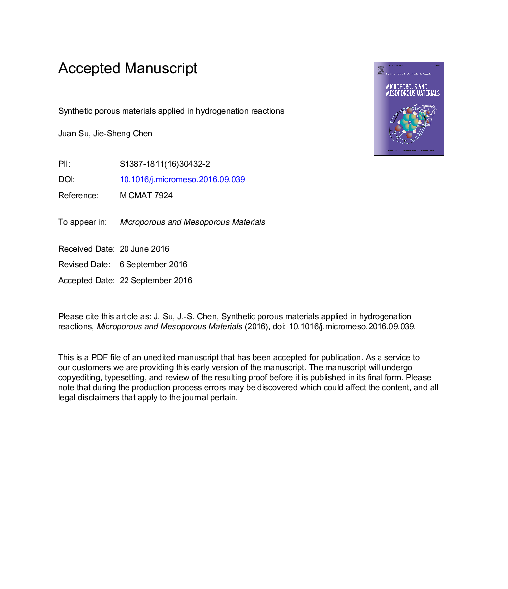 Synthetic porous materials applied in hydrogenation reactions