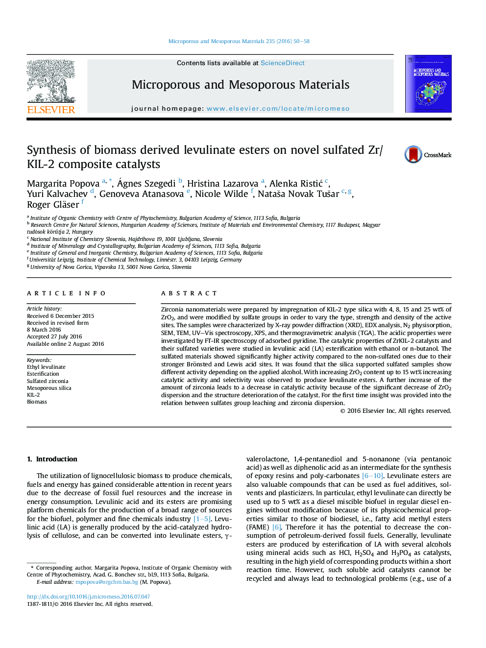 Synthesis of biomass derived levulinate esters on novel sulfated Zr/KIL-2 composite catalysts