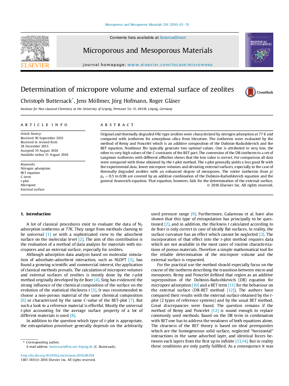 Determination of micropore volume and external surface of zeolites